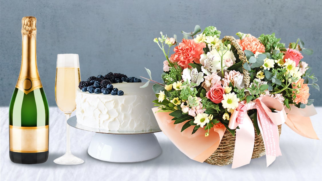 Flower Basket & Champagne & Cake (Delivery) brand image
