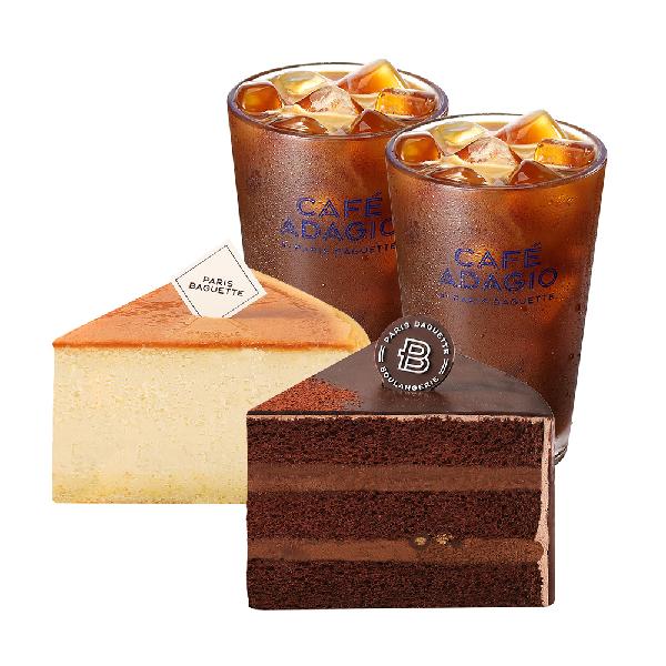 Moist Classic Cheesecake Slice + Soft Chocolate Ganache Cake Slice + 2 Iced Americanos product image