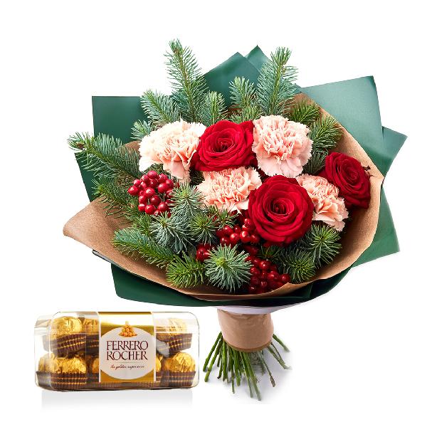 Evergreen Roses and Carnations Christmas Bouquet product image
