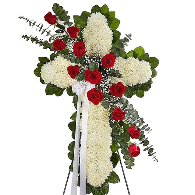 Red & White Standing Cross With Red Rose Break product image