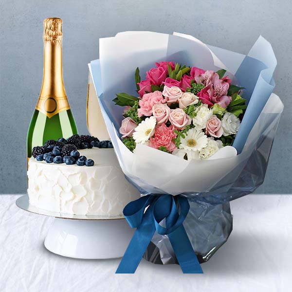 Good Day+Cake+Champagne In South Korea Flower Bouquet & Champagne