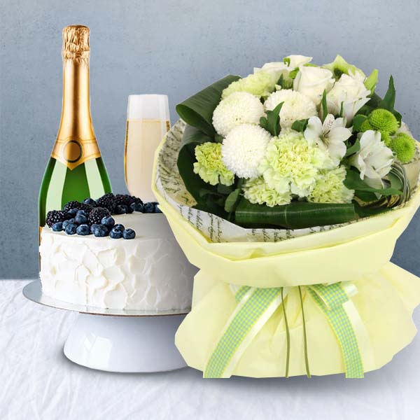 Good Day+Cake+Champagne In South Korea Flower Bouquet & Champagne