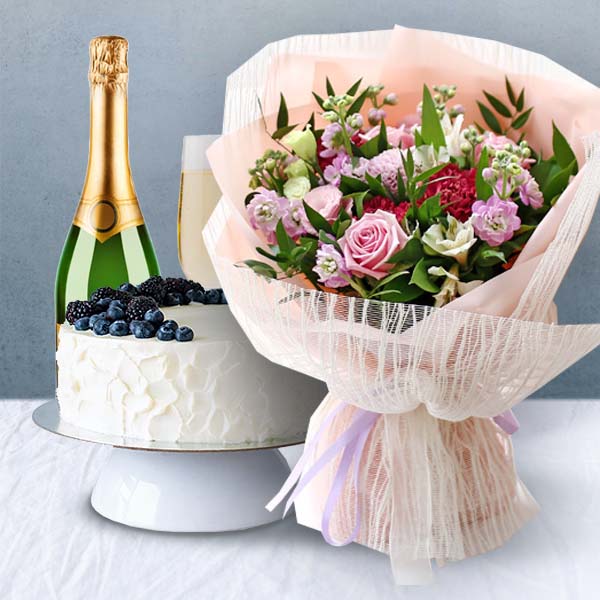 Good Day+Cake+Champagne In South Korea Flower Bouquet & Champagne & Cake  (Delivery)